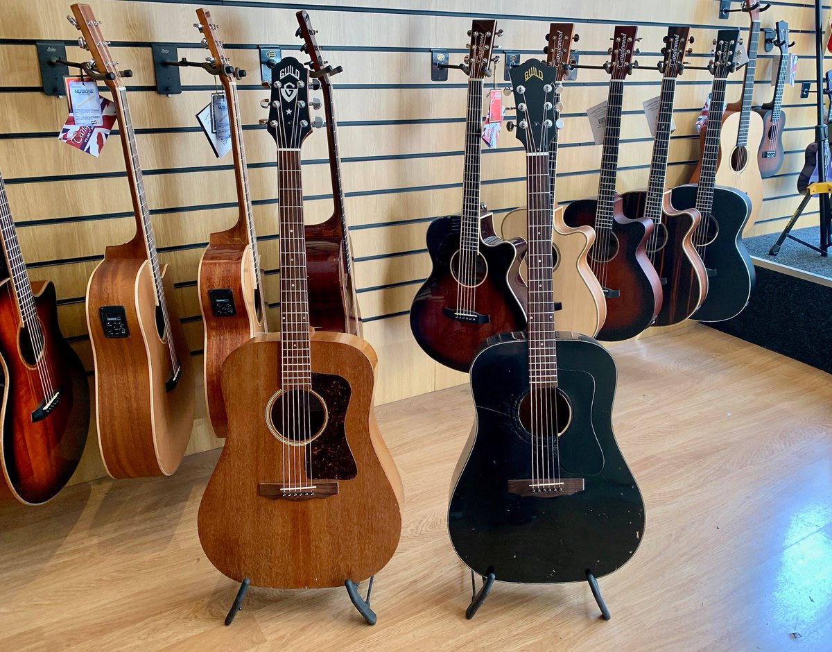 TWO ICONIC GUILD GUITARS
Two lovely American Guild Guitars just in at TREBLEROCK.
An  1989 D15 with a Headway pickup system and a 1974 D25 fitted with a  K&amp;K pickup. Both really good sounding and playing dreadnoughts. #vintageguitars #guildguitars #acousticguitars