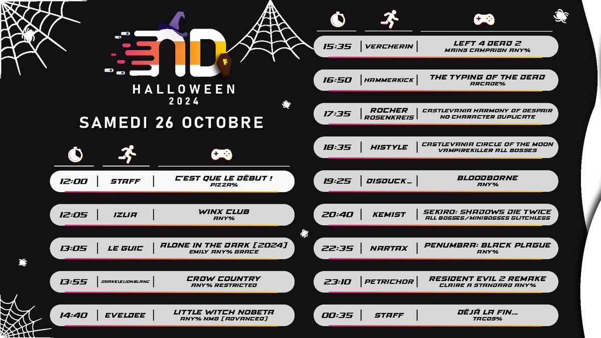 🎃 Et voilà le planning de Nitro Day Halloween 🎃
Merci à tout le monde pour les soumissions de showcase proposées. C'était très très quali ! 
On vous attend nombreux le 26 octobre pour célébrer la fête qui fait peur 👻👽👺
GG aux sélectionnés !