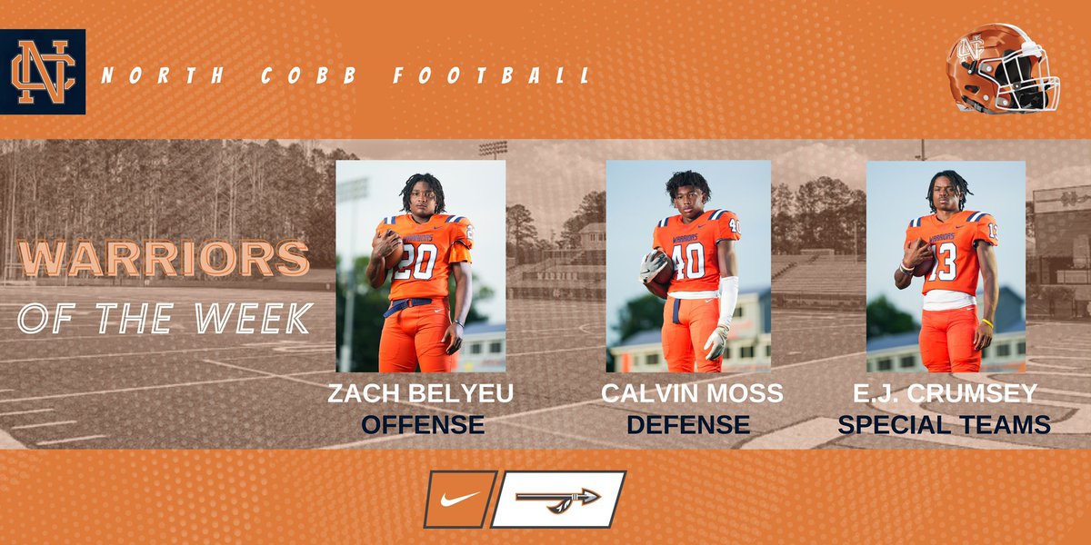 Congrats to <a href="/zachary_belyeu1/">Zachary belyeu</a> @CalvinMoss40 and EJ. Ramsey for being our Players of the Week in the win over Marietta. <a href="/nchswarriors/">North Cobb Athletics</a> <a href="/NCHSrecruit/">North Cobb HS Recruiting</a> <a href="/NCTouchdownClub/">North Cobb Touchdown Club</a> <a href="/northcobbOLine/">NC Warriors OL</a>