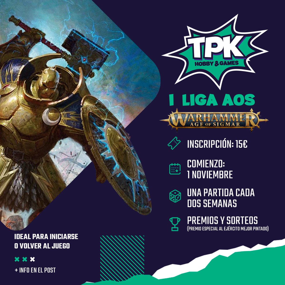 ¡Únete a la I Liga de Age of Sigmar en TPK Hobby &amp; Games! ⚔️ Inscripciones abiertas hasta el 31 de octubre. Partidas cada dos semanas, formato distendido para aprender y disfrutar 🎲. ¡Diversión garantizada! #AgeOfSigmar #LigaAoS #Warhammer