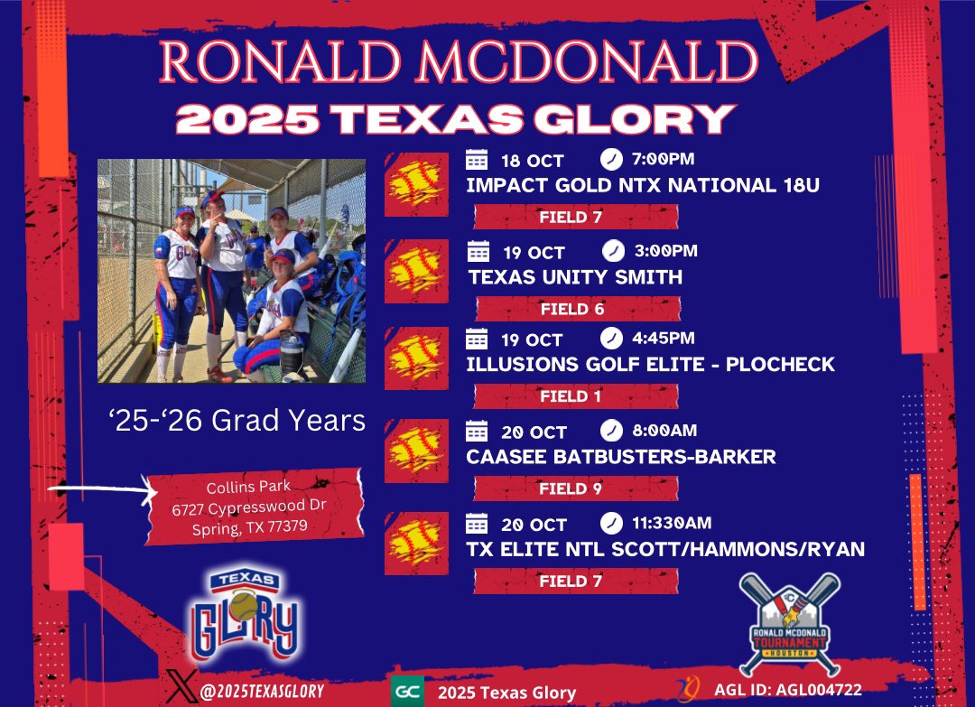 Ronald McDonald schedule for this weekend! Let’s get it! Come watch this squad compete! 
 <a href="/triplecrownspts/">Triple Crown Sports</a> <a href="/TCSFastpitch/">TC Fastpitch</a> <a href="/TexasGlory/">Texas Glory</a> <a href="/TFLfastpitch/">Texas Fastpitch League</a> <a href="/coachbri15/">Bri</a> <a href="/WinTheNextPitch/">Jimmy</a>