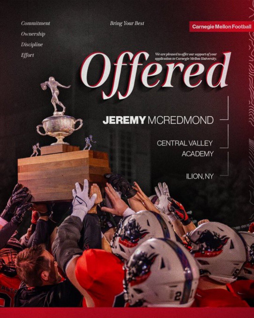 OT/OG Jeremy McRedmond (@mcredmondjeremy) on Twitter photo After an amazing conversation with <a href="/CoachGibboney/">Coach Gibboney</a> i’m proud to say I have received an official offer to play football at Carnegie Mellon University <a href="/CoachAndyHelms/">Andy Helms</a> <a href="/TartanFB/">Carnegie Mellon Football</a> After an amazing conversation with <a href="/CoachGibboney/">Coach Gibboney</a> i’m proud to say I have received an official offer to play football at Carnegie Mellon University <a href="/CoachAndyHelms/">Andy Helms</a> <a href="/TartanFB/">Carnegie Mellon Football</a>