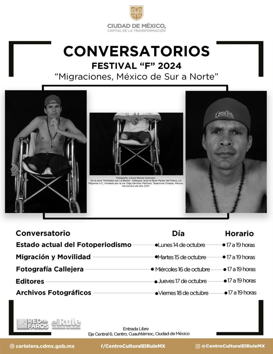 Buenos días a la comunidad fotográfica en CDMX les invito a partir de hoy a las mesas de análisis de
Fotografía durante el 2do Festival F, de Fotoperiodismo y fotografía documental. A partir de las 5pm en El Rule, eje central N.6 CDMX. 
Mesa 1: “Estado actual del fotoperiodismo”