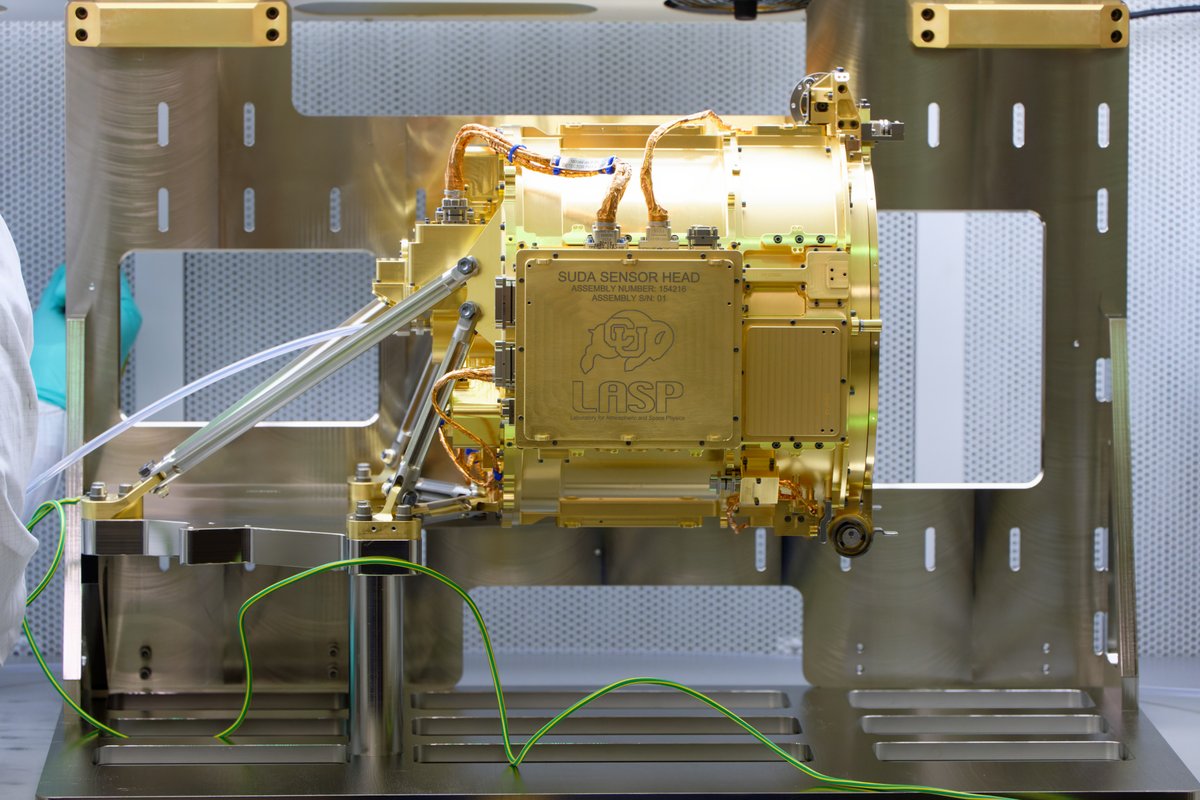 CUBoulder's tweet photo. It's launch day for @NASA's #EuropaClipper mission and Ralphie is going along for the ride. 🚀 
SUDA, the SUrface Dust Analyzer, was designed and built at @LASPatCU and our beloved mascot is engraved on the instrument! 🦬
Learn more ➡️ https://t.co/DO1fX0sFsP https://t.co/SUDVvWL1DX