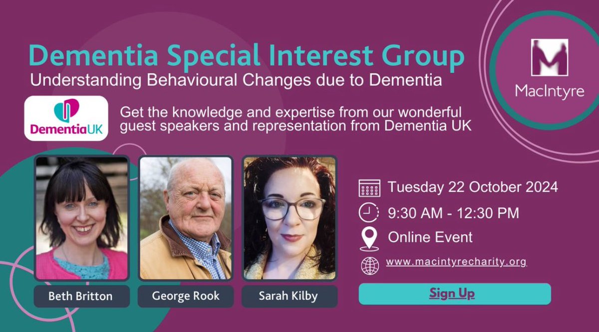 Just over a week and still time to sign up to our wonderful virtual free <a href="/HealthMacIntyre/">MacIntyre Health Team</a> <a href="/MeetMacIntyre/">MacIntyre</a> #dementia special interest group 💜 macintyrecharity.org/events/dementi… <a href="/bethyb1886/">Beth Britton MBE 💚</a> <a href="/DementiaUK/">Dementia UK</a> <a href="/SarahKilby11/">Sarah Kilby</a>