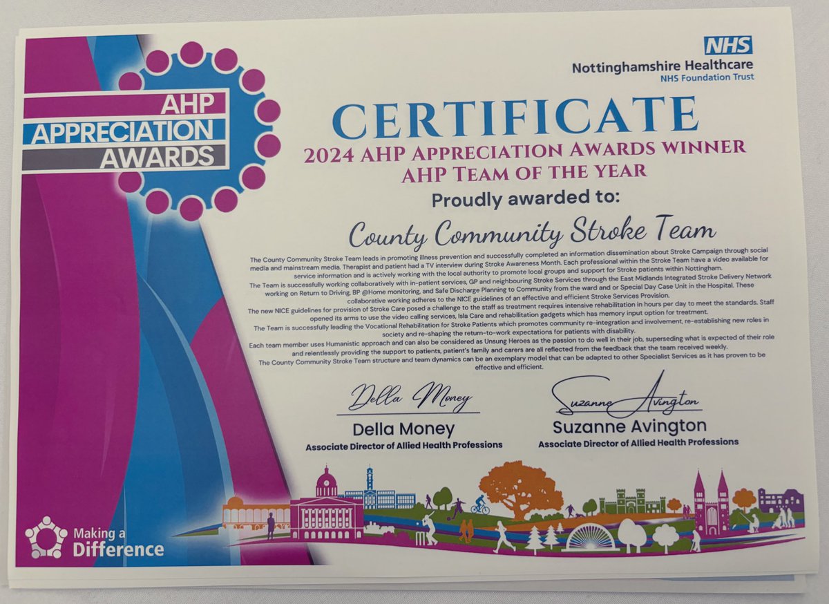 lee_claire1's tweet photo. Huge congratulations to Team Stroke @southnottstroke for winning AHP Team of the Year in the 2024 AHP appreciation awards. Beyond proud of this incredible team! 😊🥳🍾🥂 @AHPsNottsHC @NottsHealthcare @SJWesty21 @michelleb_OT https://t.co/jRmvizBatf
