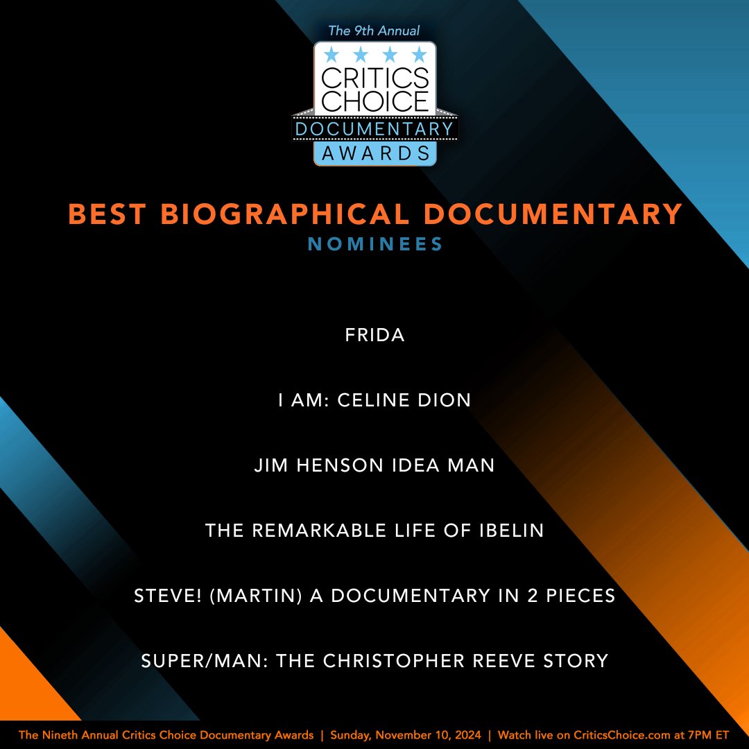 Congratulations to the BEST BIOGRAPHICAL DOCUMENTARY nominees for the 9th Annual Critics Choice Documentary Awards:

⭐️Frida
⭐️I Am: Celine Dion
⭐️Jim Henson Idea Man
⭐️The Remarkable Life of Ibelin
⭐️Steve! (Martin) A Documentary in 2 Pieces
⭐️Super/Man: The Christopher Reeve