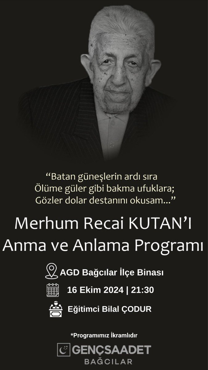 İnanç, cesaret ve sadakatle davaya adanmış bir ömür.

Rahmet ve minnetle...

Recai Kutanı anma ve anlama programımıza davetlisiniz.

16 Ekim Çarşamba günü
AGD Bağcılar İlçe Binası
Eğitimci:Bilal Çodur 
*Programımız ikramlıdır