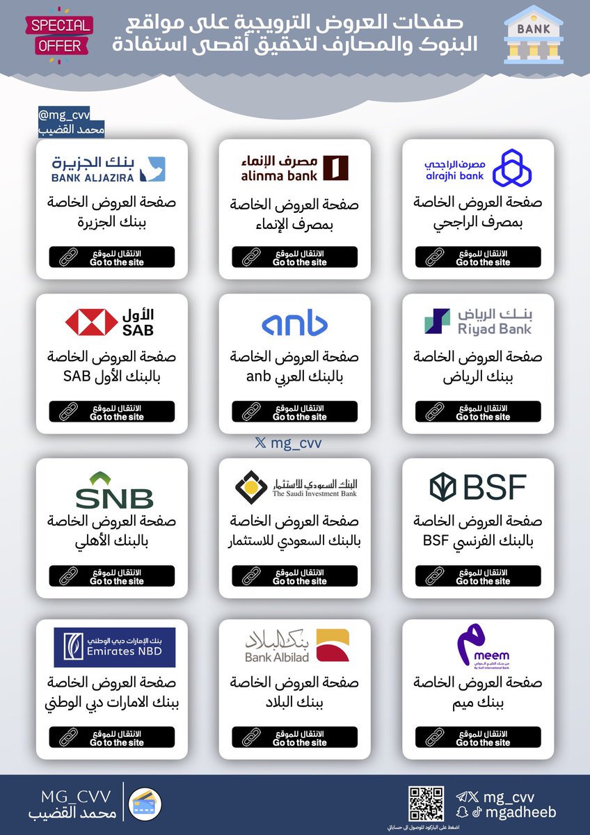 mg_cvv's tweet image. هل فعلاً تستفيد بشكل كامل من بطاقتك الائتمانية؟ 🤔💳🔥

لتحقيق أقصى استفادة من بطاقتك الائتمانية 💳، مو بس تقدر تستفيد من المكافآت والعائدات 💰🎉، بل تقدر تستفيد من العروض المميزة اللي يقدمها البنك بالتعاون مع شركائه 🤝💼. هذي العروض غالبًا تلاقيها في موقع البنك 🌐💻، وبعض البنوك…