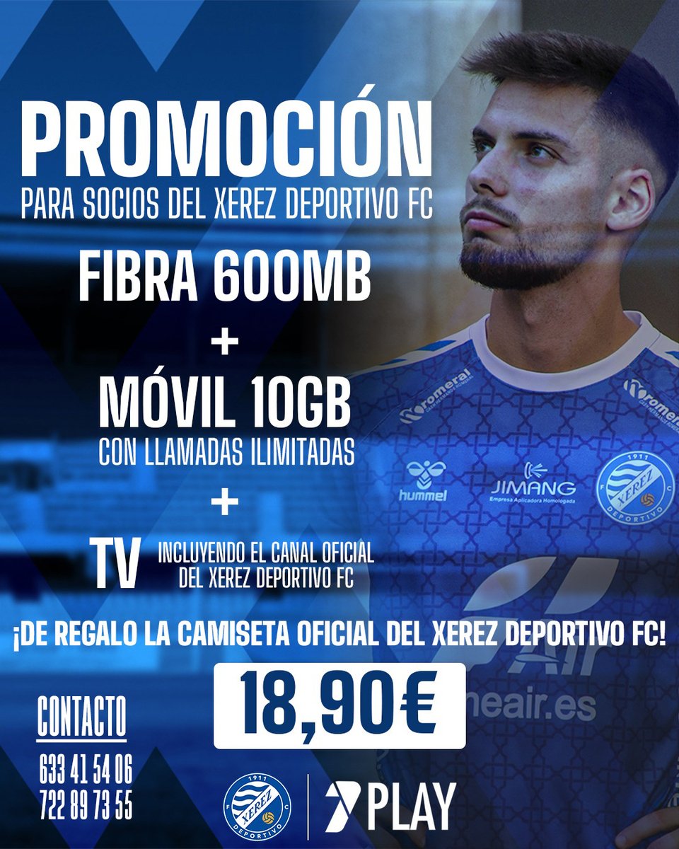 XerezDFC's tweet photo. 🔊🤪 En @7PlayOficial tiran los precios

Únete ya a la tarifa 🛜 Fibra + 📲 móvil + 📺#XerezDFC por 18’90€/ mes y empieza a ahorrar

... Y por si fuera poco ➕👕 la camiseta oficial de la temporada 2024/25 de regalo

📞 Más info en el 633 41 54 06 / 722 89 73 55 https://t.co/vHRH8pnFiB