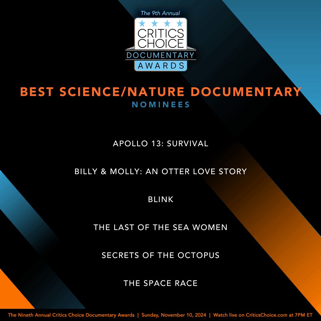 Congratulations to the BEST SCIENCE/NATURE DOCUMENTARY nominees for the 9th Annual Critics Choice Documentary Awards:

⭐️Apollo 13: Survival
⭐️Billy &amp; Molly: An Otter Love Story
⭐️Blink
⭐️The Last of the Sea Women
⭐️Secrets of the Octopus
⭐️The Space Race

Full list:
