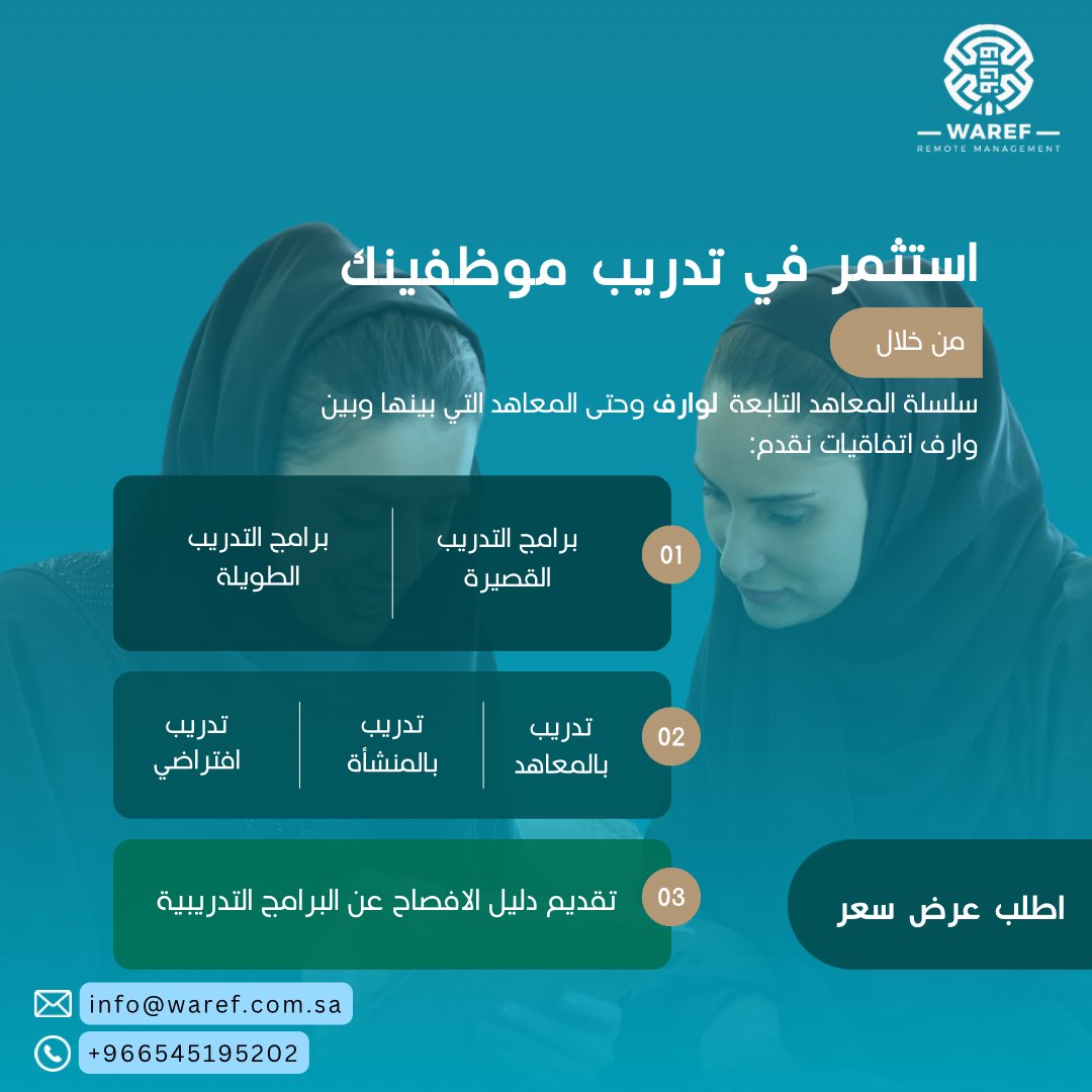 info_waref's tweet image. درب موظفينك عن طريق برامج التدريب والتدريب الإلكتروني 
واستفيد بالحصول على #تقارير_الافصاح_عن_البرامج_التدريبية 

اطلب الخدمة الآن وتواصل معنا على  

📲 wa.me/966545195202
📧 Info@waref.com.sa
🔗 waref.com.sa