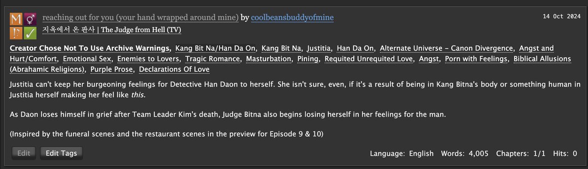 coolbeanswrites's tweet image. #TheJudgeFromHell so i'm not dead. i'm a master's student, also. and i'm still writing angst and smut and emotions and i also really like this show and daon and bitna and them together too. don't question it too much
archiveofourown.org/works/59739724
