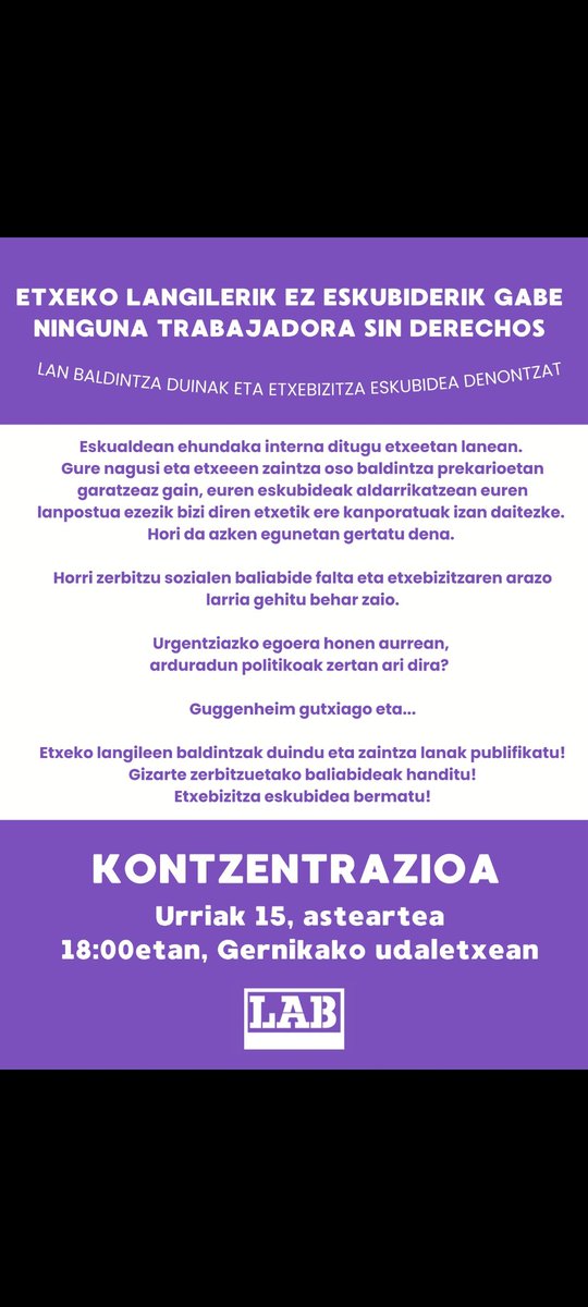 Eskualdean ehundaka interna daude etxeetan baldintza prekarioetan lanean eta eskubideak aldarrikatzean lanpostua ezezik, bizilekutik ere kanporatuak izan daitezke. 

Hori da gertatu dena. 
💥 Bihar KALERA!

#EtxekoLangileakBORROKAN
#EtxebizitzaEskubidea
#ZainduZaintzaileak
