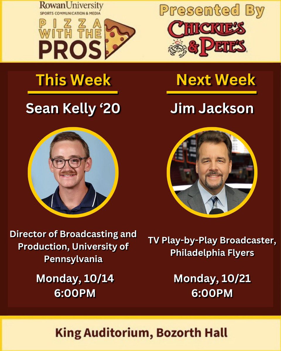 Tonight, we welcome Sean Kelly ‘20, Director of Broadcasting &amp; Production for <a href="/pennathletics/">Penn Quakers</a>, back to campus for 🍕Pizza with the Pros🍕! 

Next week, <a href="/NHLFlyers/">Philadelphia Flyers</a> TV play-by-play broadcaster, Jim Jackson, will be our guest. 

FREE <a href="/ChickiesnPetes/">Chickie's and Pete's</a> pizza will be served at 5:40pm.