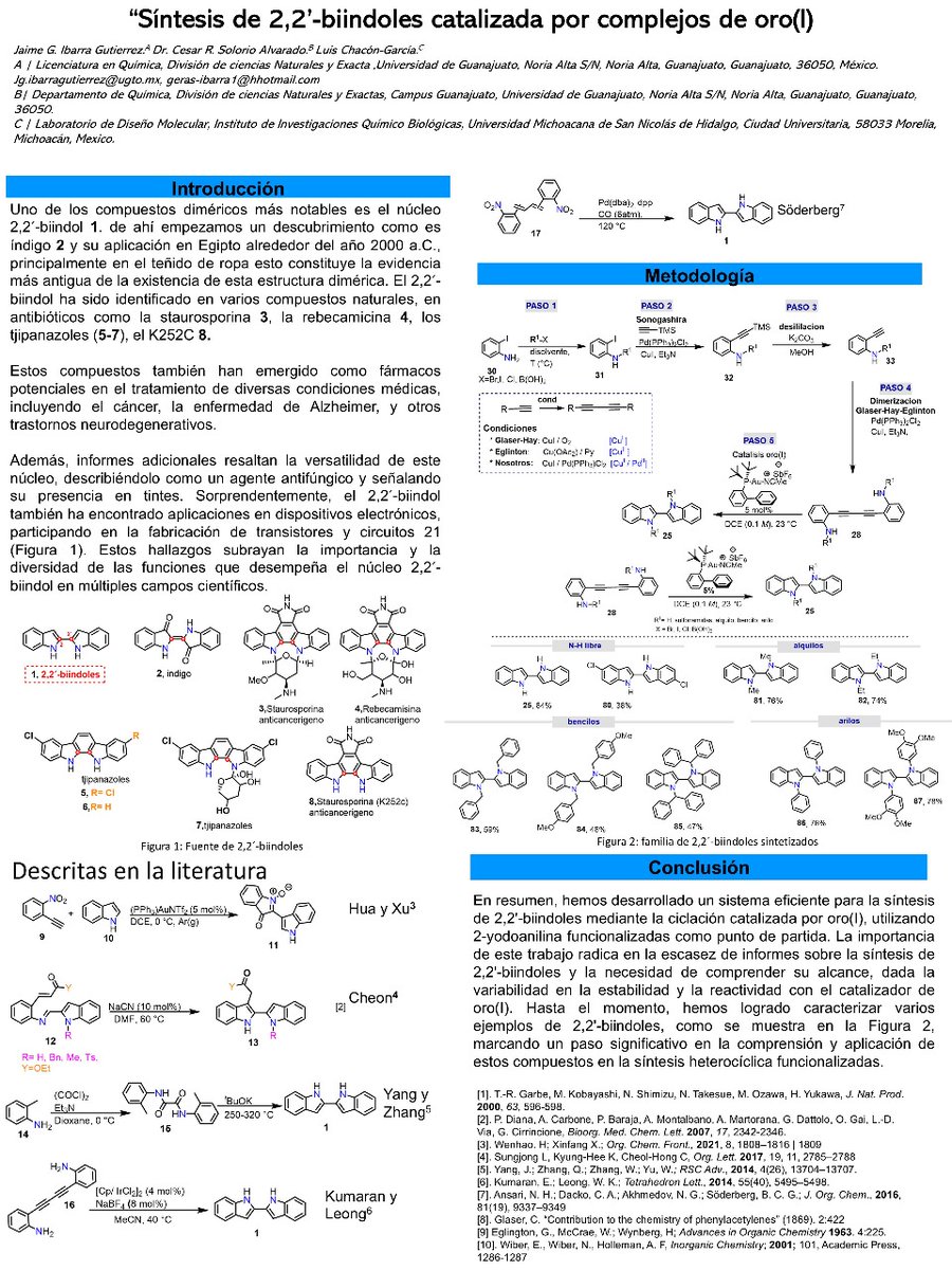 Hola <a href="/LatinXChem/">LatinXChem</a> gusto les presento mi póster en #LatinXChemnOrg Org035.
Síntesis de Biindoles atravez de una doble cicla ion de 1,3-diinos.
#chemestri, #oro