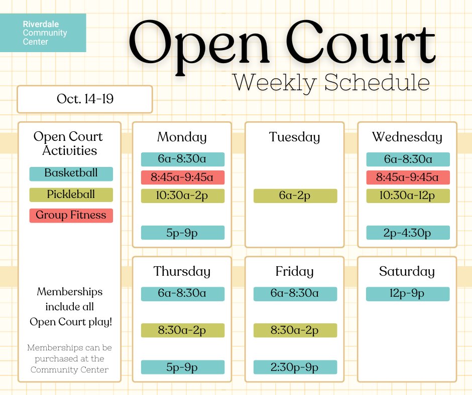 Here is this week's schedule for the Riverdale Community Center gym.