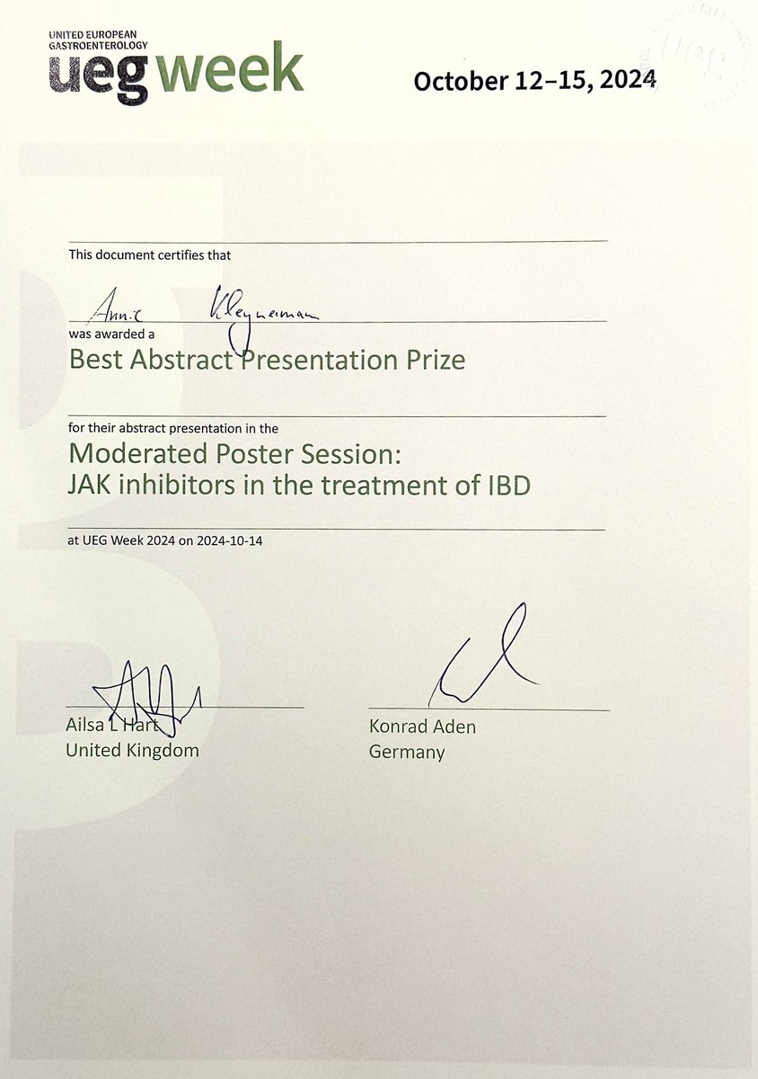 Thrilled to share that I presented our study, “FIRST MECHANISTIC STUDY TO COMPARE THE EFFECTS OF JAK INHIBITOR AND ANTI-TNF THERAPY ON MICROVASCULAR FUNCTION. DOES THE MECHANISM OF THE DRUG PLAY A ROLE?” at #UEGweek today and won Best Abstract in the #JAKinhibitors &amp; treatment of
