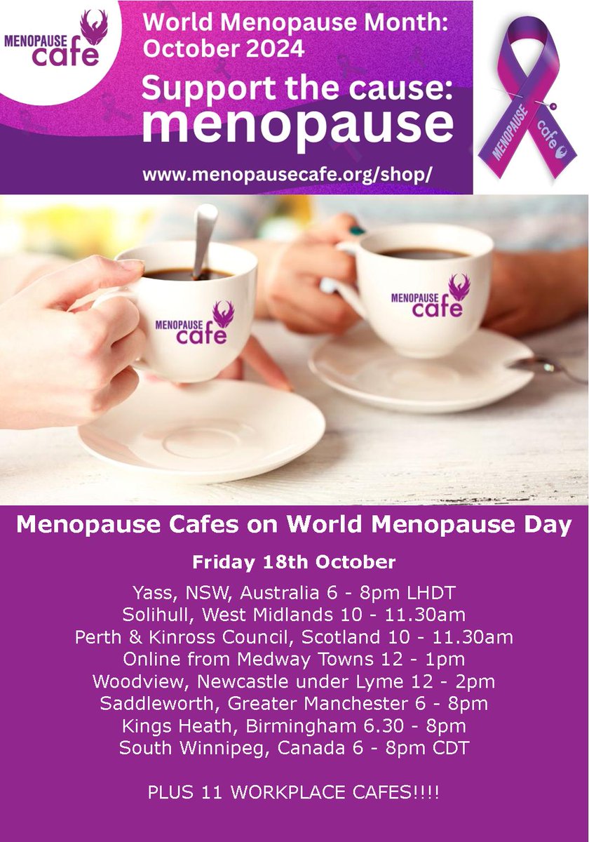 Menopause Cafes on World Menopause Day - Friday 18th October.
For full details, how to book and future cafes see: menopausecafe.net/events-calenda…

#WorldMenopauseDay #menopause #perimenopause #womenshealth
#worldhealthorganization