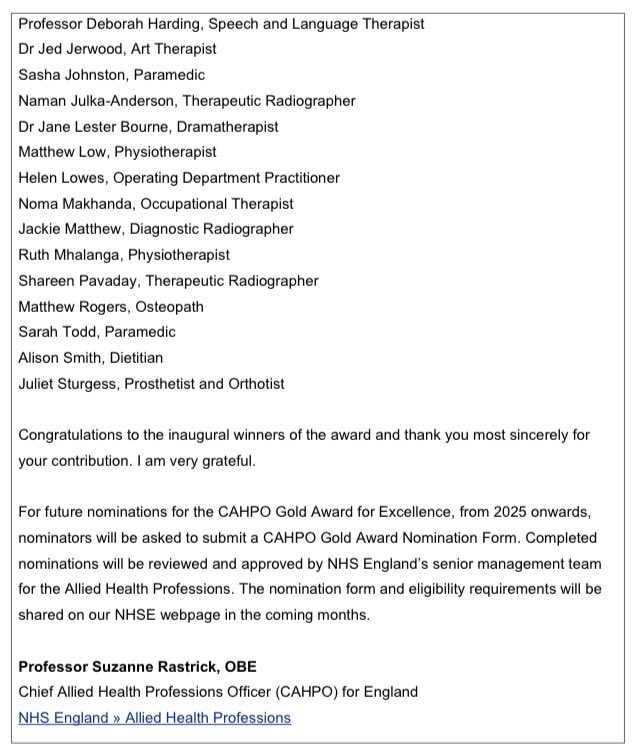 Matthew Low (@mattlowpt) on Twitter photo Thank you <a href="/SuzanneRastrick/">Suzanne Rastrick</a> <a href="/NHSEngland/">NHS England</a> for the award of inaugural CAHPO Gold Award for Excellence.
I am very proud and honoured to receive this award which would not have been possible without the support of my educators, mentors, friends, family, patients and colleagues. Thank you <a href="/SuzanneRastrick/">Suzanne Rastrick</a> <a href="/NHSEngland/">NHS England</a> for the award of inaugural CAHPO Gold Award for Excellence.
I am very proud and honoured to receive this award which would not have been possible without the support of my educators, mentors, friends, family, patients and colleagues.