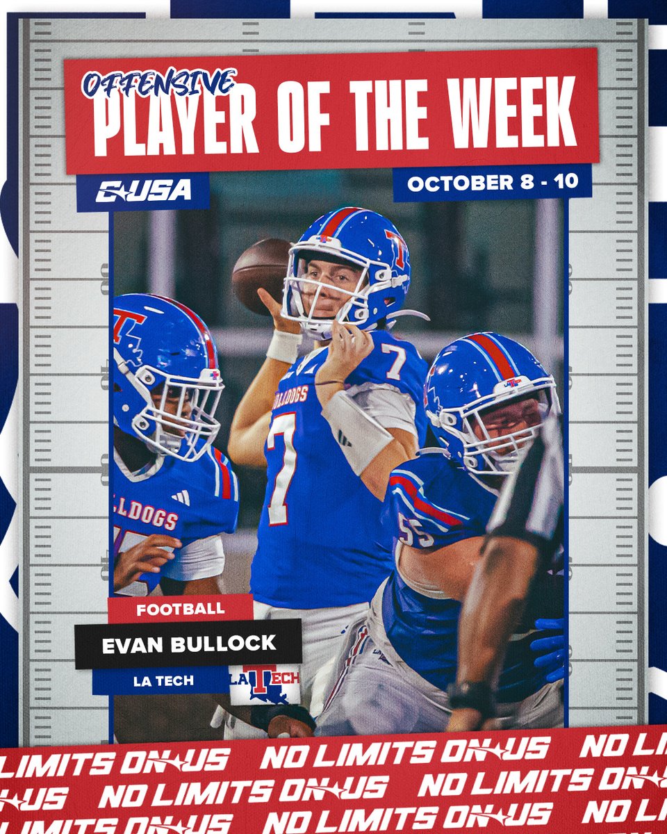 Conference USA (@conferenceusa) on Twitter photo ๐ OFFENSIVE PLAYER OF THE WEEK ๐
Evan Bullock, <a href="/LATechFB/">LA Tech Football ๐</a>
#NoHayLimites | bit.ly/3Y4rasG ๐ OFFENSIVE PLAYER OF THE WEEK ๐
Evan Bullock, <a href="/LATechFB/">LA Tech Football ๐</a>
#NoHayLimites | bit.ly/3Y4rasG