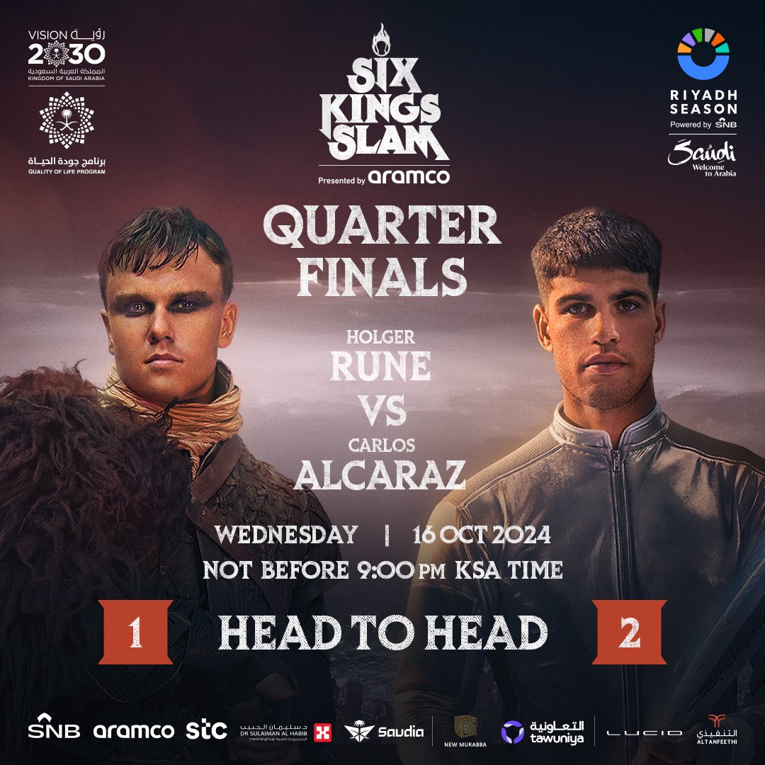 تحدي قوي في صراع يجمع الأبطال هولجر رون وكارلوس ألكاراز ضمن مواجهات Six Kings Slam 🔥😍

ذا فينيو 📍
16 أكتوبر 🗓️

The battle heats up as champions Holger Rune and Carlos Alcaraz go head-to-head in the #SixKingsSlam showdown 🔥😍

Venue 📍
October 16 🗓️

احجز تذكرتك الآن 🎟️
Book