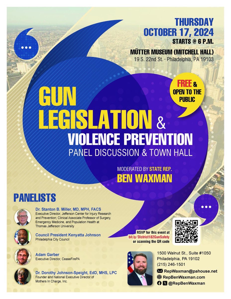This Thursday, join me, <a href="/CouncilmemberKJ/">Kenyatta Johnson</a> , and a panel of experts for a discussion and town hall on gun legislation and violence prevention in our city. Safer communities start with us. Join our gun violence town hall and share your voice as we work together on real solutions to