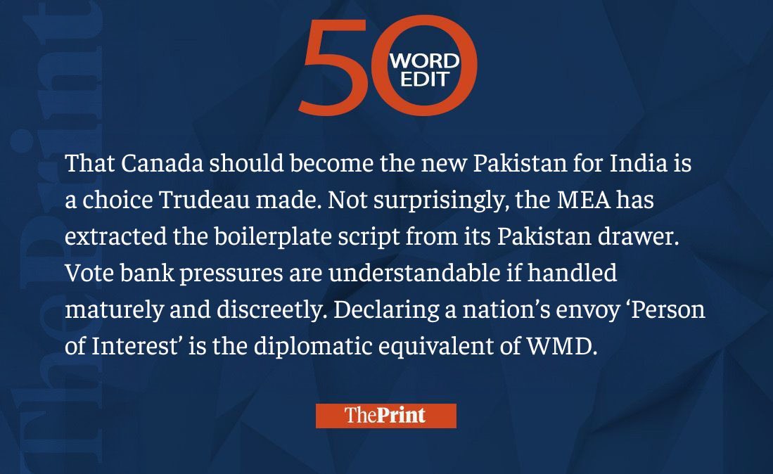 ShekharGupta's tweet photo. Our #50WordEdit on India-Canada ties https://t.co/oQ0iVFMlaN