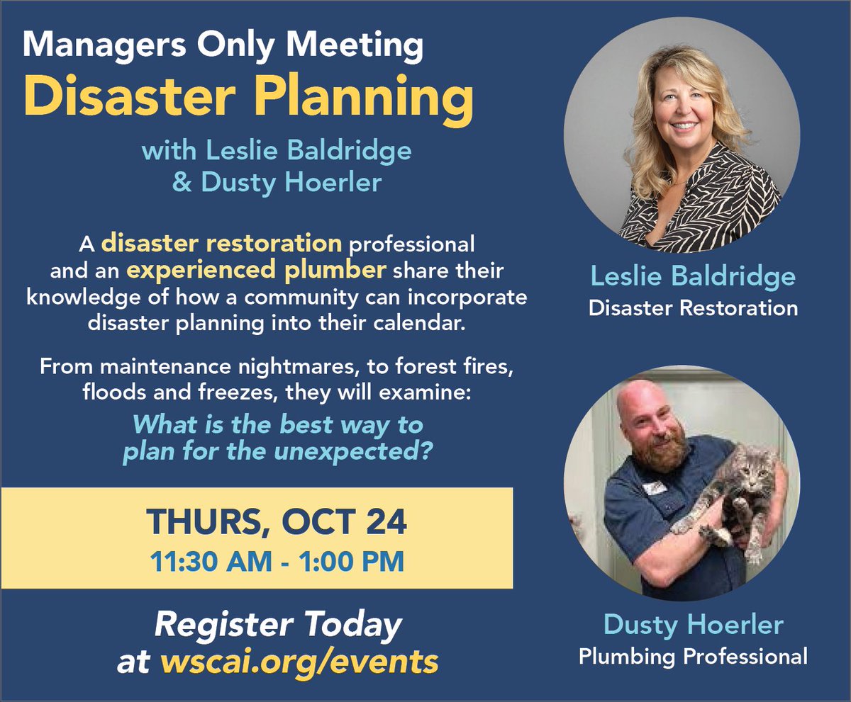 How do you plan for the unexpected??? Find out! These presenters deal with the unexpected EVERY DAY—so they know just what to expect and how to plan! 
FREE REGISTRATION for manager members through Oct 22! Register TODAY:  wscai.org/events/manager…