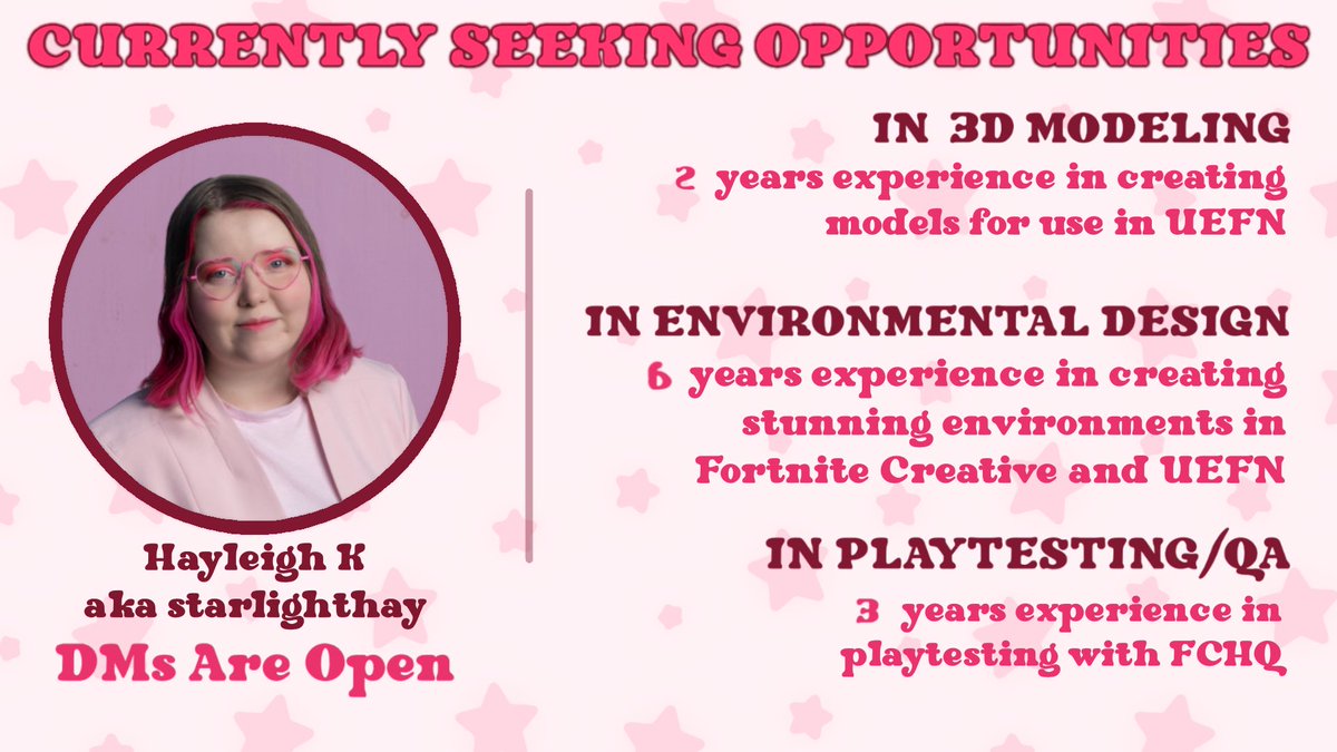 Hello everyone! 💖
 
I'm currently seeking opportunities in 3D Modeling, Environmental Design, or Playtesting.
 
I'm available to join a team or just to help out in the short-term! DM me with any inquiries!
 
RTs are appreciated! 💖
#Fortnite #FortniteCreative #UEFN