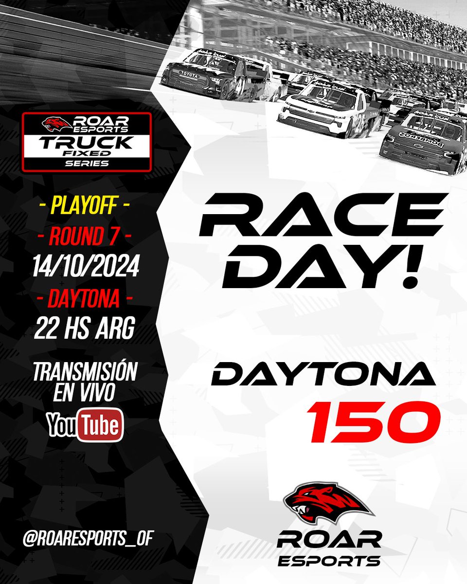 #ROARCUP 🔥TRUCK FIXED - ROUND 7 - PLAYOFF🔥

Hoy DAYTONA para la tercer fecha de los Playoff en la Truck Fixed 🔥

Broadcast / VIVO 👏
youtube.com/live/taLF3-jjI…

#iRacing #Oval #NASCAR #enascar #Simracing