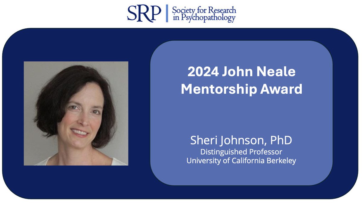 Society for Research in Psychopathology (@srp_science) on Twitter photo 👏 The 2024 John Neale Mentorship Awardee is Sheri Johnson, PhD 👏
Don't miss the opportunity to congratulate her at the Award Ceremony on Saturday at 4:15! <a href="/calmprogram/">CALM Program at UC Berkeley</a> 👏 The 2024 John Neale Mentorship Awardee is Sheri Johnson, PhD 👏
Don't miss the opportunity to congratulate her at the Award Ceremony on Saturday at 4:15! <a href="/calmprogram/">CALM Program at UC Berkeley</a>