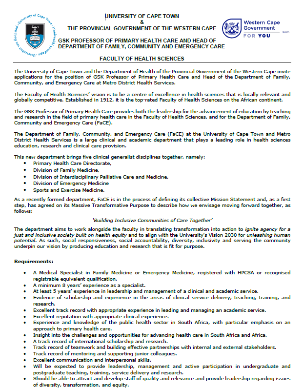 Klaus von Pressentin (@klausvon) on Twitter photo Please share widely. We are keen to attract applications from visionary leaders who will build our <a href="/DeptFCE/">Department of Family, Community & Emergency Care</a> in line with our dept's massive transformative purpose: "Building Inclusive Communities of Care Together". Apply via the UCT website by 3 Nov 2024: jobs.uct.ac.za/job/Cape-Town-… Please share widely. We are keen to attract applications from visionary leaders who will build our <a href="/DeptFCE/">Department of Family, Community & Emergency Care</a> in line with our dept's massive transformative purpose: "Building Inclusive Communities of Care Together". Apply via the UCT website by 3 Nov 2024: jobs.uct.ac.za/job/Cape-Town-…
