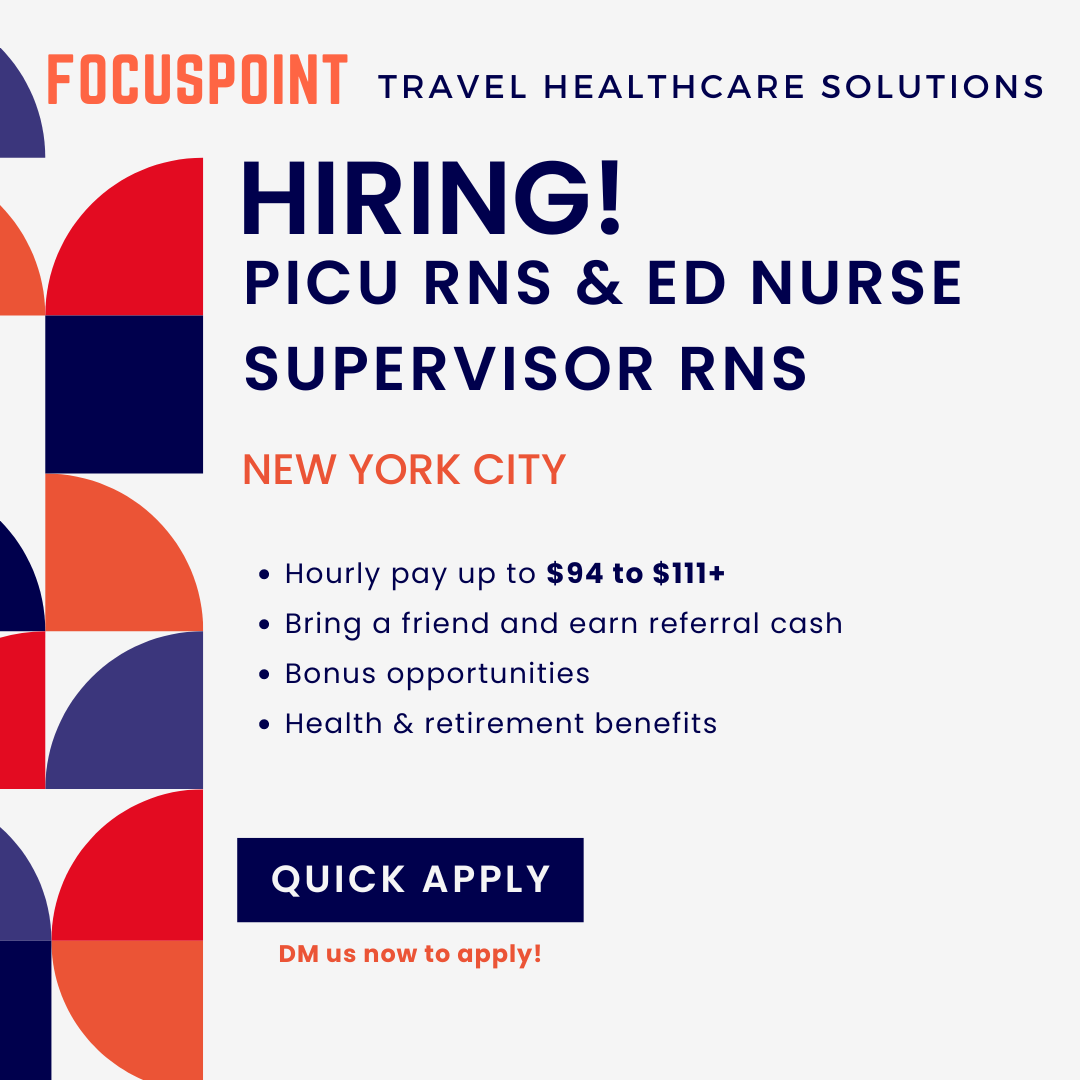 focuspoint_net's tweet photo. We’re hiring PICU RNs &amp; ED Nurse Supervisor RNs in NYC 🗽 Bring a friend and earn extra cash with our referral program. Enjoy up to $94 to $111+/hr, bonus opportunities, and comprehensive benefits. DM us now to apply!

#TravelRN #TravelNurse #NYC https://t.co/D0RrvvmT46