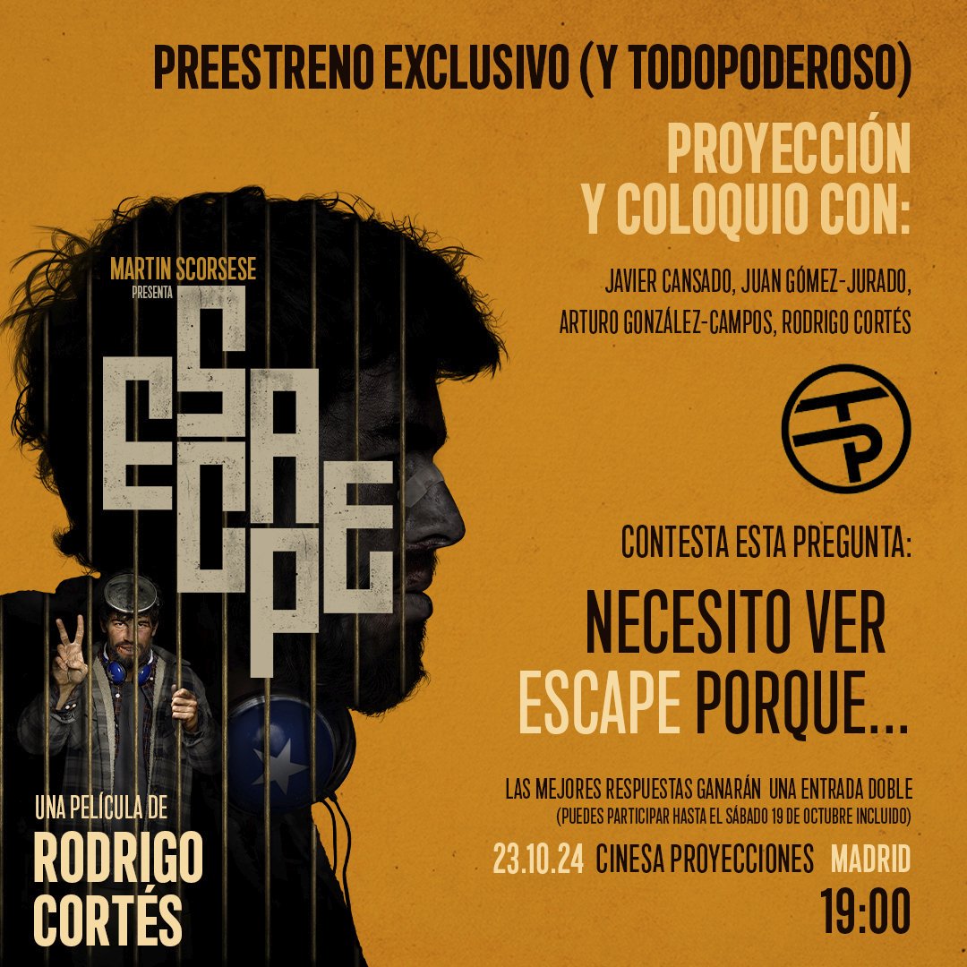 ¡CONCURSO! @Todopoderosos organiza un PASE ESPECIAL de #ESCAPE en <a href="/Cinesa/">Cinesa</a> #Proyecciones (Madrid) el miércoles 23-O a las 19 h. ¡Tienes que REPIAR y CONTESTAR este mismo tuit para participar, hasta el sábado 19 incluido! El lunes <a href="/BetaSpain/">Beta Fiction Spain</a> contactará con los ganadores. ¡Gracias!