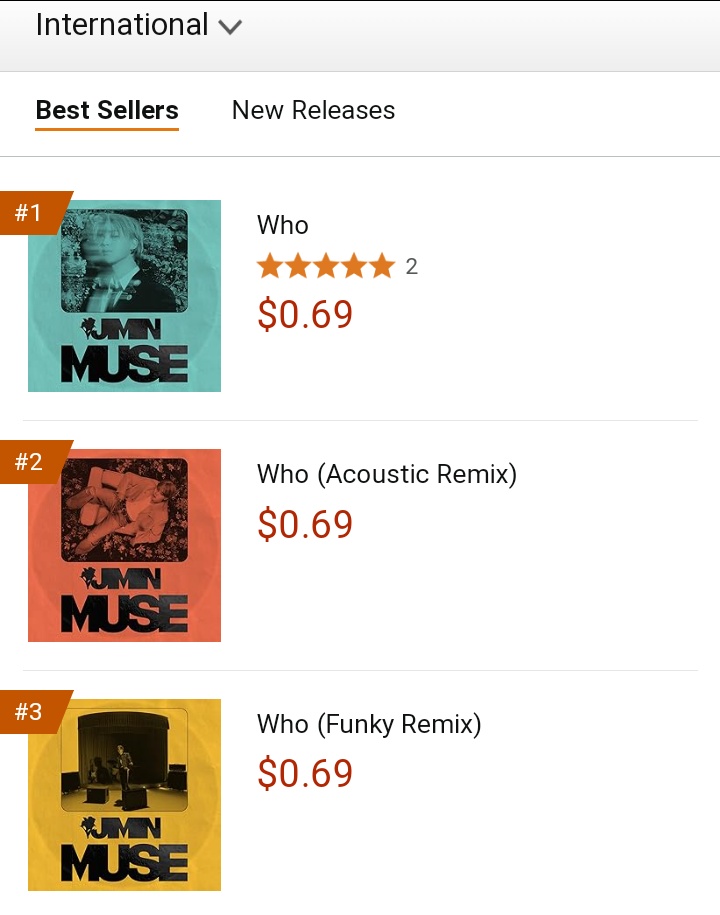 btschartpulse's tweet photo. "Who" by #JIMIN recharted at #1 on Amazon US under the International Best Sellers category! 🇺🇸 https://t.co/Sf8hZNPvMx