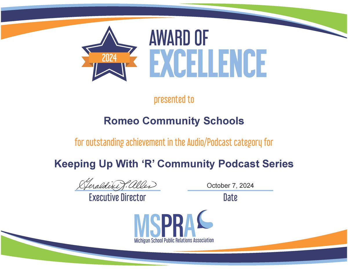 Romeo Community Schools is proud to announce that our weekly podcast series, Keeping Up With 'R' Community, won a 2024 Michigan School Public Relations Association Award of Excellence! Check it out on Spotify:
open.spotify.com/show/05U8GAWrq…
