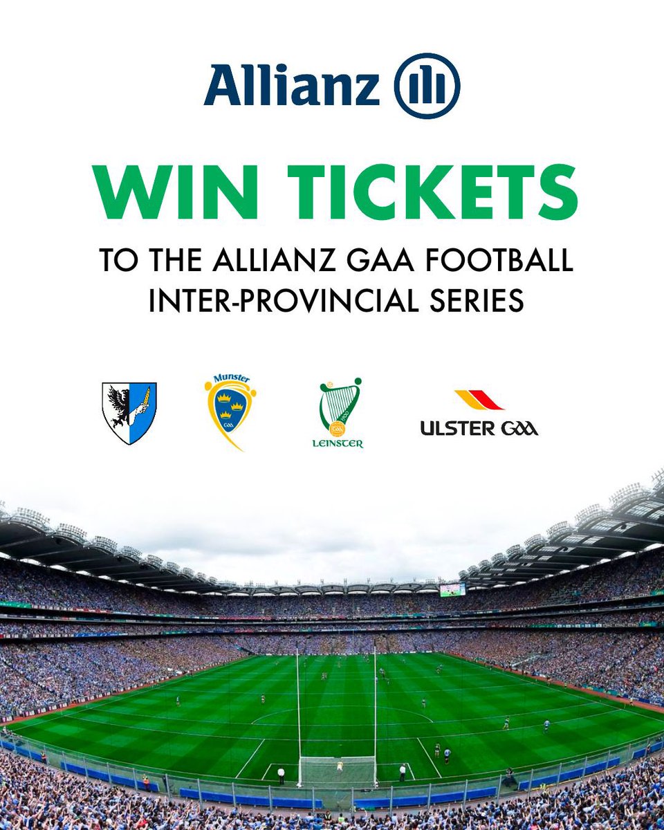 🚨COMPETITION TIME🚨
 
Thanks to @allianzireland , official sponsors of the Allianz GAA Football Inter-Provincial Series, we have 3 pairs of tickets to give away for the Allianz GAA Football Inter-Provincial Series🏆
 
Tickets will provide entry to all four games over the two