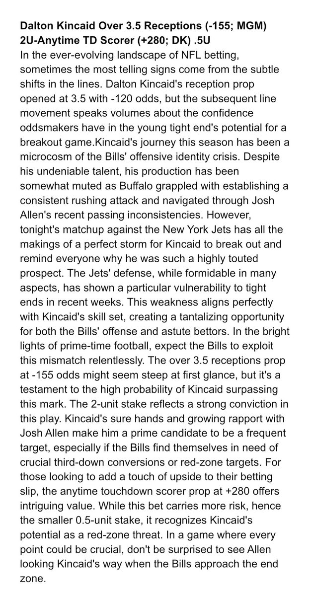 PaperChasePicks's tweet photo. Monday Night Football Player Props 💎 

🏈Keon Coleman O 2.5 Rec 
🏈Dalton Kincaid O 3.5 Rec
🏈Dalton Kincaid Anytime TD
🏈Josh Allen O 199.5 Pass Yds 
🏈Garret Wilson O 59.5 Rec Yds 

Let’s carry this weekends momentum into tonight! 

Write ups 👇

#GamblingX #GamblingTwitter #NFL