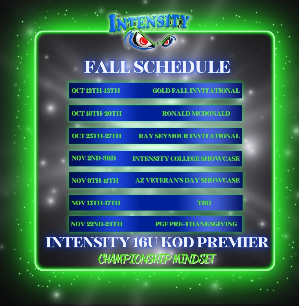 Intensity 16u KOD Premier Fall Schedule! Thank you!
<a href="/UGACoachTony/">Tony Baldwin</a> <a href="/CoachBallMalone/">Cindy Ball-Malone</a> <a href="/oliviaadyan/">“Coach Liv” Olivia Watkins</a> <a href="/chelsw20/">Chelsea Wilkinson</a> <a href="/Coach_Inouye/">Kelly Inouye-Perez</a> <a href="/Trisha_Ford/">Trisha Ford</a> <a href="/CoachDeifel/">Courtney Deifel</a> <a href="/Coach_Alameda/">Lonni Alameda</a> <a href="/RussHeffley/">Russ Heffley</a> @CoachSingTexas <a href="/LLefty18/">Lindsay Leftwich</a> <a href="/CoachDStenger/">Danielle Stenger</a>  <a href="/DukeCoachYoung/">Marissa Young</a> <a href="/UCLASoftball/">UCLA Softball</a> <a href="/mysha_sataraka/">Mysha Sataraka</a> <a href="/coachmegsmith/">Megan Smith Lyon</a>
