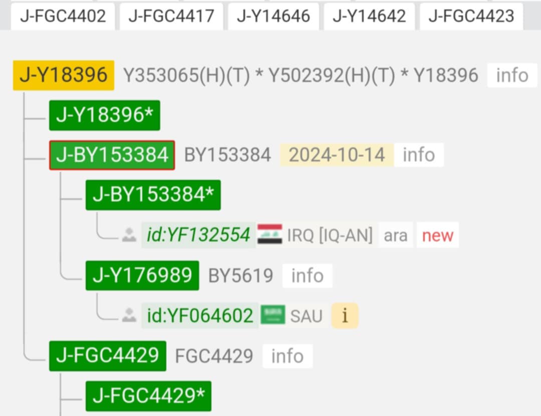 يسرني إعلان نتيجة 
الاستاذ رامي احمد الشيحاوي
من محافظة الأنبار /قضاء حديثه 
فحص Big Y-700 في مختبر فاميلي تري
رقم العينه :BP42246
رقم العينة :YF132554 في شجرة YFULL

النتيجة
موجبه للتحور J-BY153384 من  FGC4423 من فروع FGC4411

 محاذي لتحور شمر FGC4429

نبارك له النتيجة