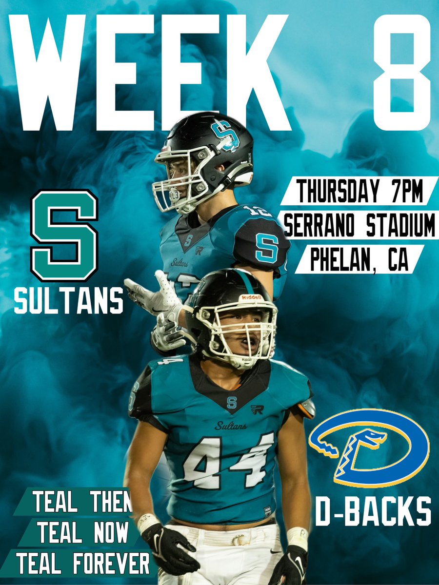 Another week. Another chance. 
Traveling to the land of the Diamondbacks this week. Trying to keep our playoff hopes alive, against a tough Serrano squad. 
SULTAN NATION!!! We call upon you to bring that ENERGY TO PHELAN on Thursday night!