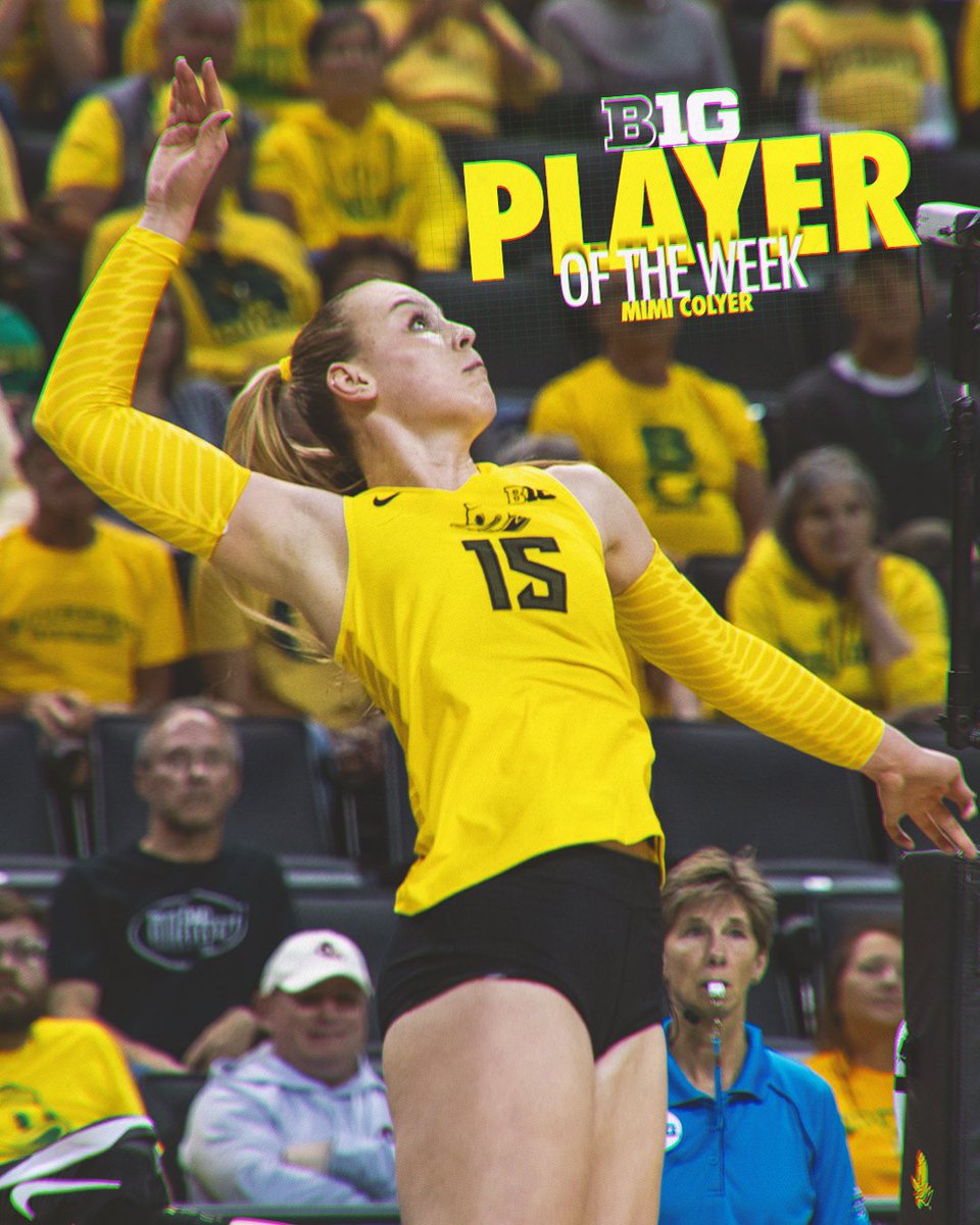 Oregon Volleyball (@oregonvb) on Twitter photo Yeah, she killed it.
Mimi Colyer is the <a href="/B1GVolleyball/">Big Ten Volleyball</a> Player of the Week
🟢 17 kills (.432), nine digs, two blocks vs USC
🟡 25 kills (.306), 13 digs, six blocks vs Washington
More info 👉 bit.ly/3YpAQ24
#GoDucks Yeah, she killed it.
Mimi Colyer is the <a href="/B1GVolleyball/">Big Ten Volleyball</a> Player of the Week
🟢 17 kills (.432), nine digs, two blocks vs USC
🟡 25 kills (.306), 13 digs, six blocks vs Washington
More info 👉 bit.ly/3YpAQ24
#GoDucks