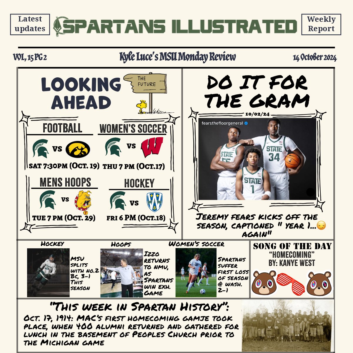 Spartans_Illo's tweet photo. Vol, 15 of the “MSU Monday Review”

— hockey splits two game series with 
No. 2 Boston College 
— Izzo jersey retired at exhibition game versus Northern Michigan
— homecoming week is here! https://t.co/QMNdi8tV0K