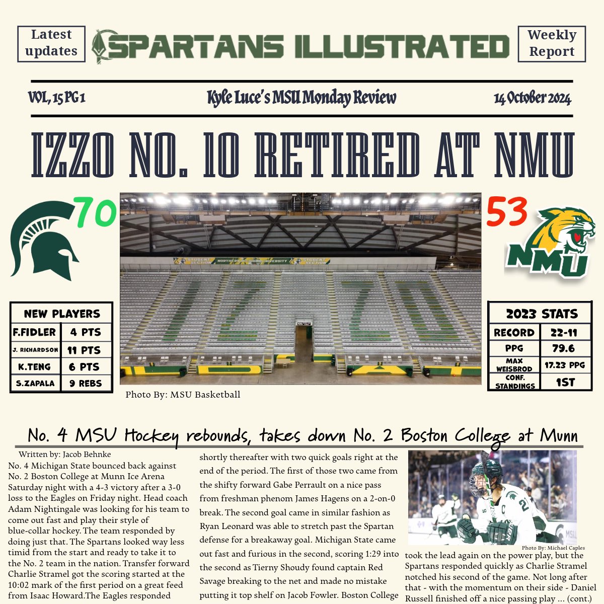 Spartans_Illo's tweet photo. Vol, 15 of the “MSU Monday Review”

— hockey splits two game series with 
No. 2 Boston College 
— Izzo jersey retired at exhibition game versus Northern Michigan
— homecoming week is here! https://t.co/QMNdi8tV0K