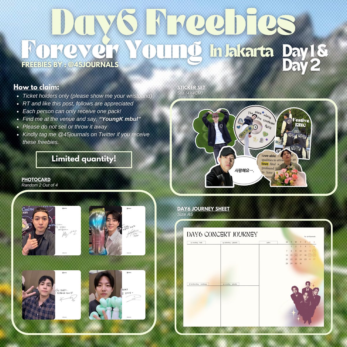 45journals's tweet photo. ꕤ FREEBIES #DAY6_FOREVER_YOUNG_Indonesia ꕤ
DAY6 FOREVER YOUNG IN JAKARTA — DAY 1 &amp; 2

‼️Ticket holders only‼️

🗓: 19 &amp; 20 Okt 2024
📍: BCIS, Ancol
(Time and position TBA)

How to claim? check the poster ◝(ᵔᵕᵔ)◜
See you guys! 

#DAY6 #DAY6inJAKARTA #DAY6_3RD_WORLDTOUR https://t.co/7Xwf0bE4TX