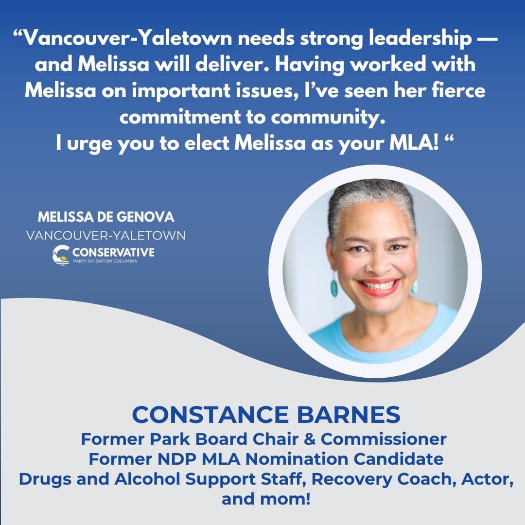 Grateful and humbled by the kind words and endorsement from community leader Constance Barnes. 

I’m committed to doing the work needed to make Vancouver-Yaletown safer and more affordable for everyone. #BCPoli