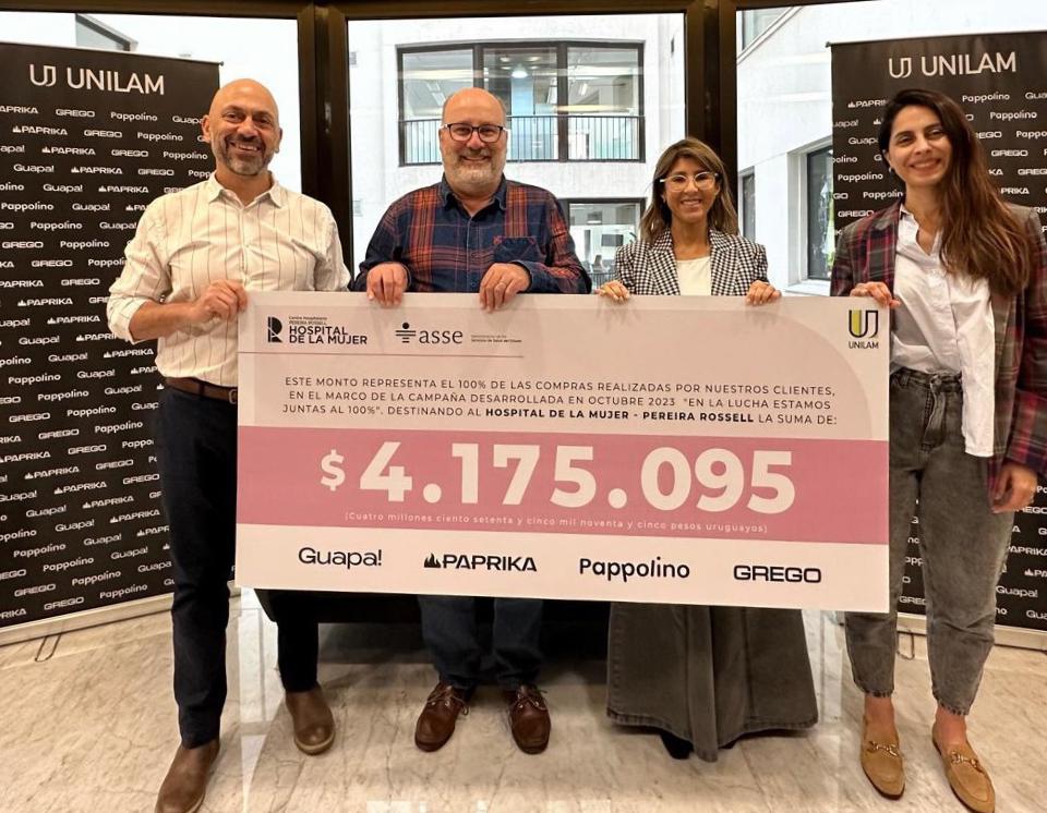 ASSEcomunica's tweet photo. El Grupo #UNILAM, entregó al Hospital de la #Mujer del #CHPR, la suma de $ 4.175.095, recaudada en el marco de la campaña “En la lucha estamos juntas al 100%” - #OctubreRosa2023
Muchas gracias a las empresas y a la colaboración de miles de uruguayos/as
#MesContraElCáncerDeMama https://t.co/qnfHQ72zGp