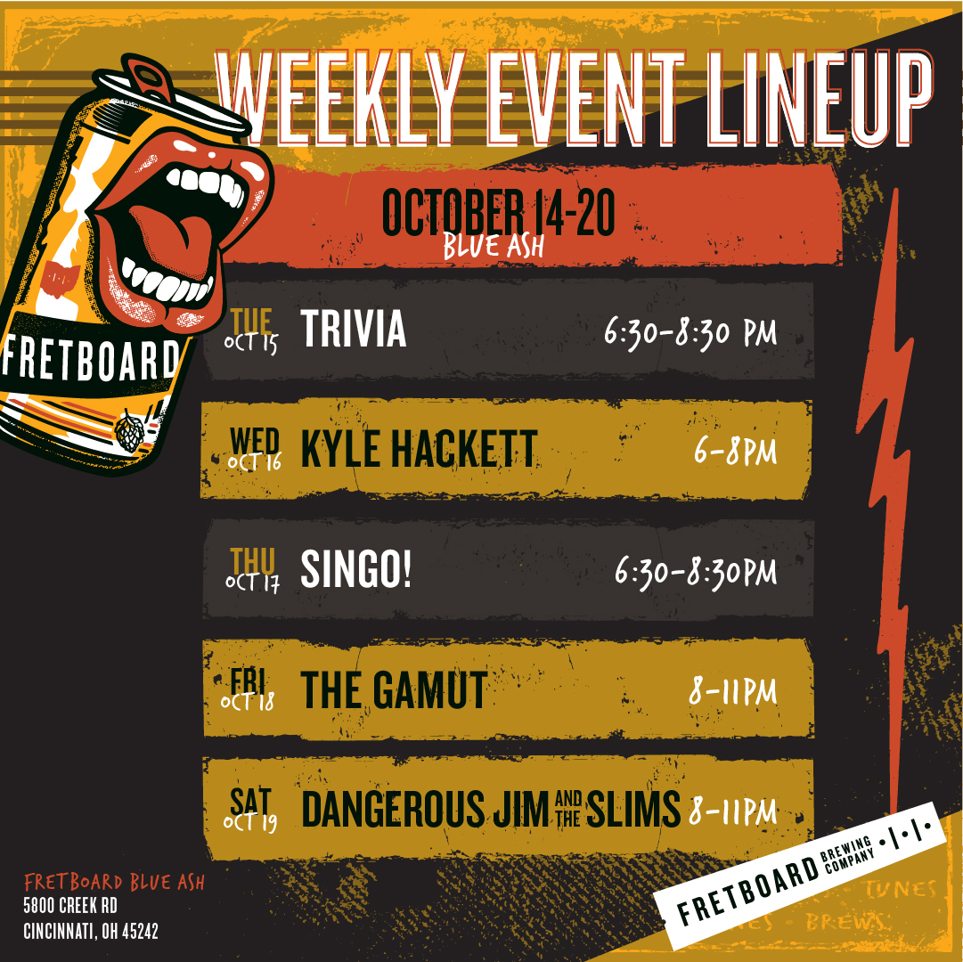 TUES General Trivia 6:30P!

WED Artist Music Series with Kyle Hackett 6P!

THURS Singo Bingo 6:30P! 

FRI  Classic Rock with The Gamut  8P!

SAT Dangerous Jim &amp; the Slims album release party. 8P! 

SUN Yoga Benefiting Voices for Parkinson's 10:30A! 🎟️  zurl.co/2gTh