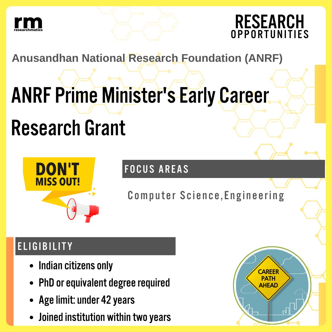 research_matics's tweet photo. The Anusandhan National Research Foundation (ANRF) invites applications for the Prime Minister's Early Career Research Grant.
#ResearchGrant #PMECRG #ANRF #Innovation #IndiaResearch
MORE INFO:
https://t.co/dhTK3cfRGB https://t.co/hJvpRx9dws
